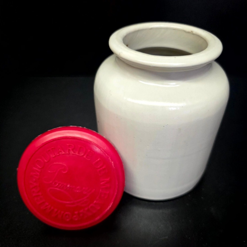 Pommery Mustard Crock White Red Vintage French Stoneware Jar Decor Shabby Chic